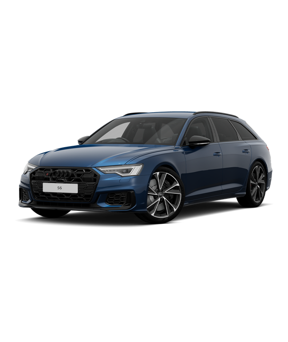 A blue Audi S6 Avant black edition trim on a transparent background.