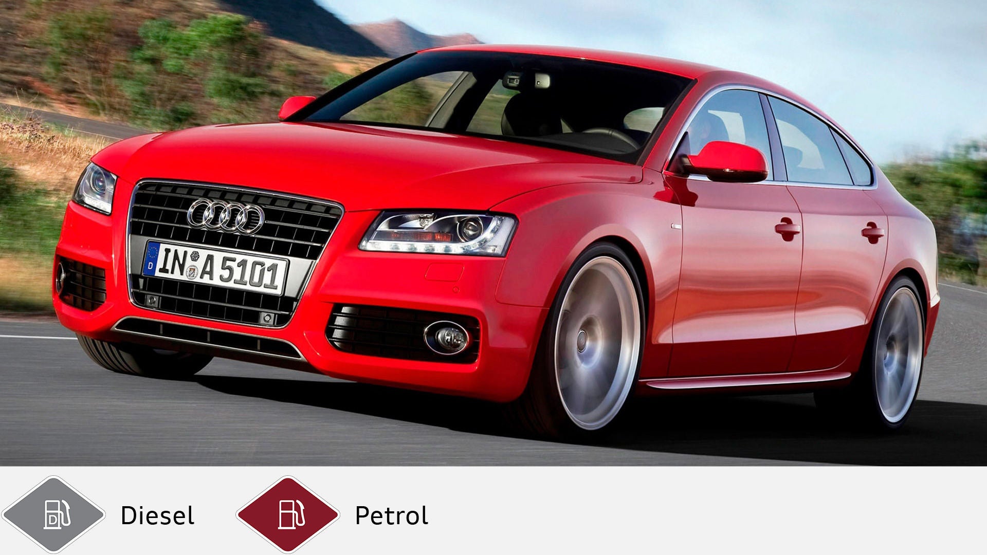 Red Audi A5 Sportback (2009-2011) with five doors on a country road. Gray diesel symbol and red petrol symbol at the bottom.