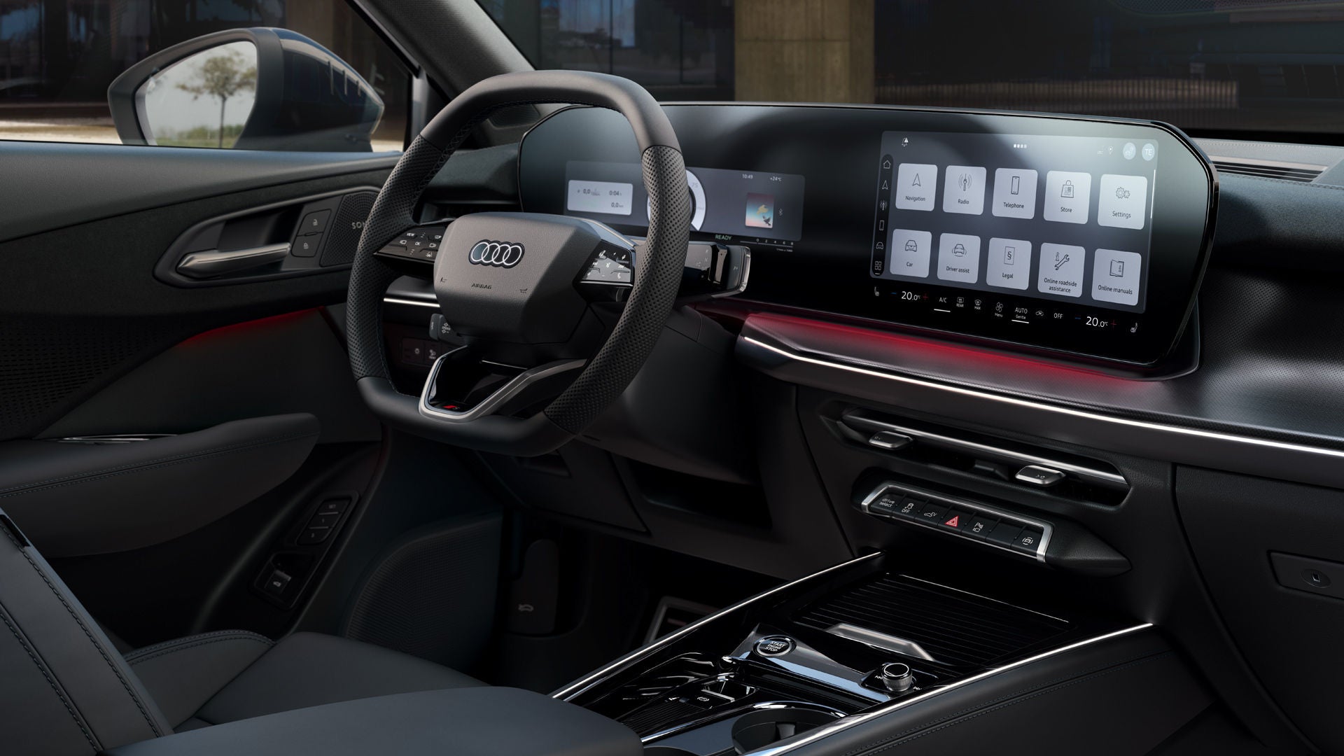 The cockpit with a focus on the steering wheel, panoramic display, and ambient lighting package	