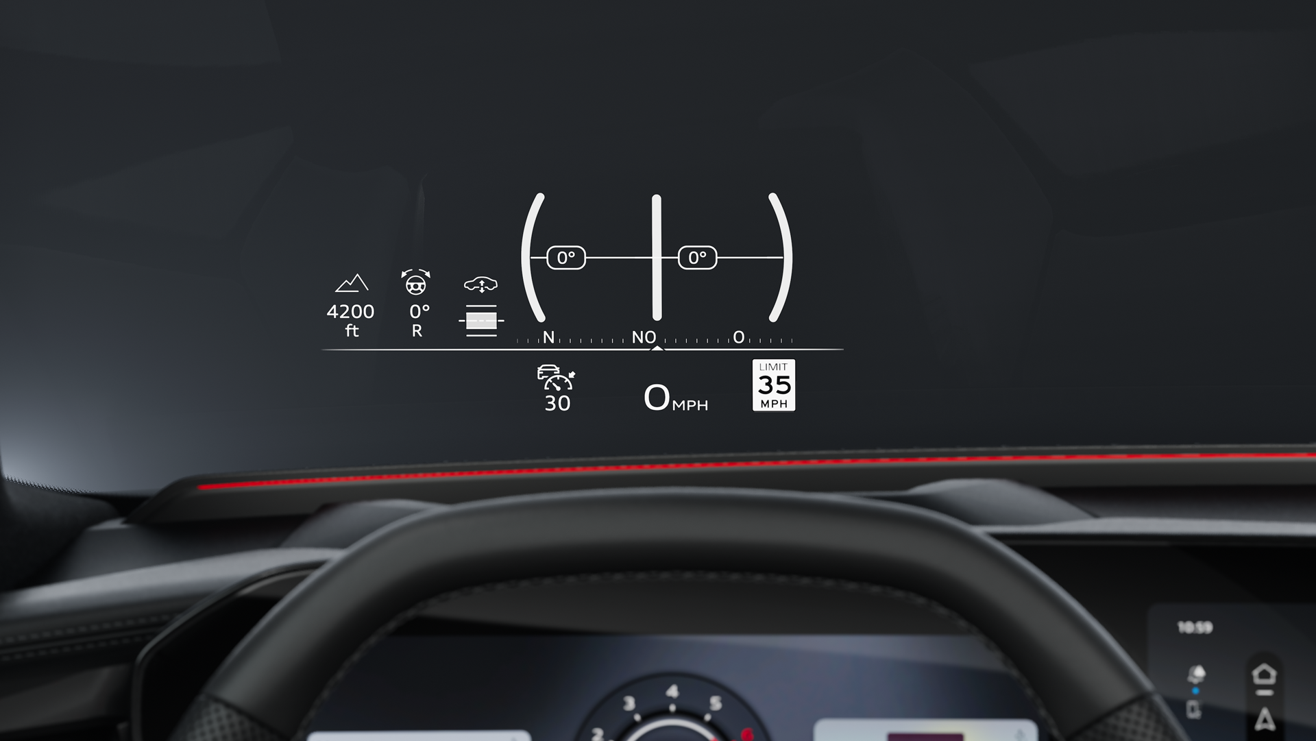 Close-up of the head-up display. The image shows various parameters, such as speed and angle of inclination.