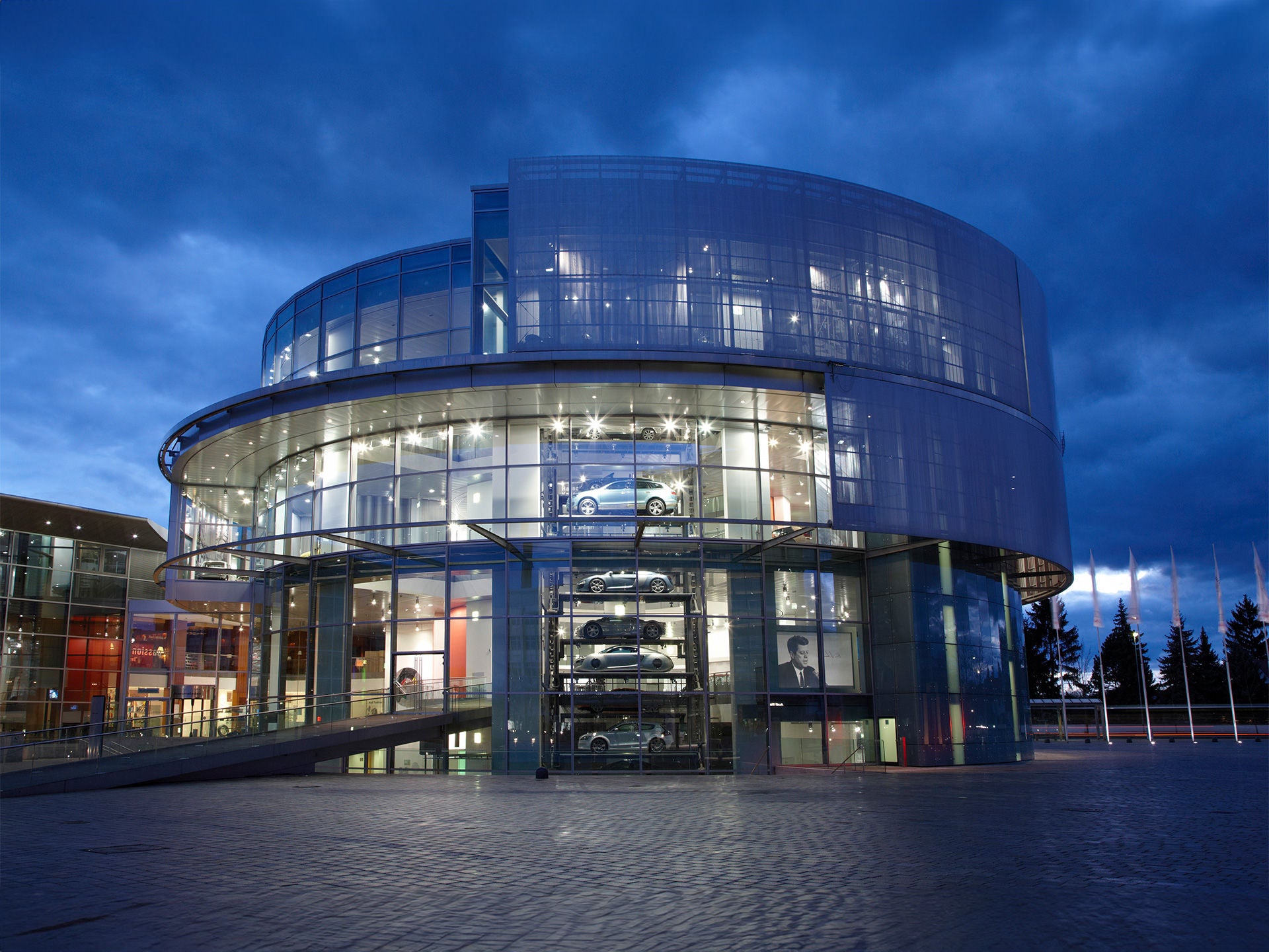The Audi Museum mobile at night