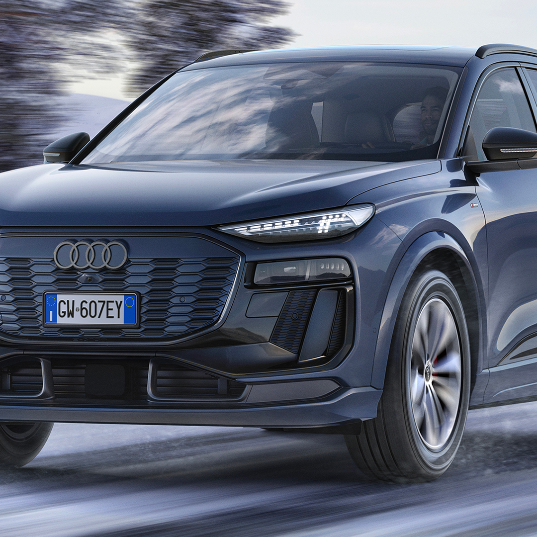 Dettaglio delle Ruote Complete Invernali Audi su uno sfondo di montagna, sia nella stagione invernale sia in quella estiva.