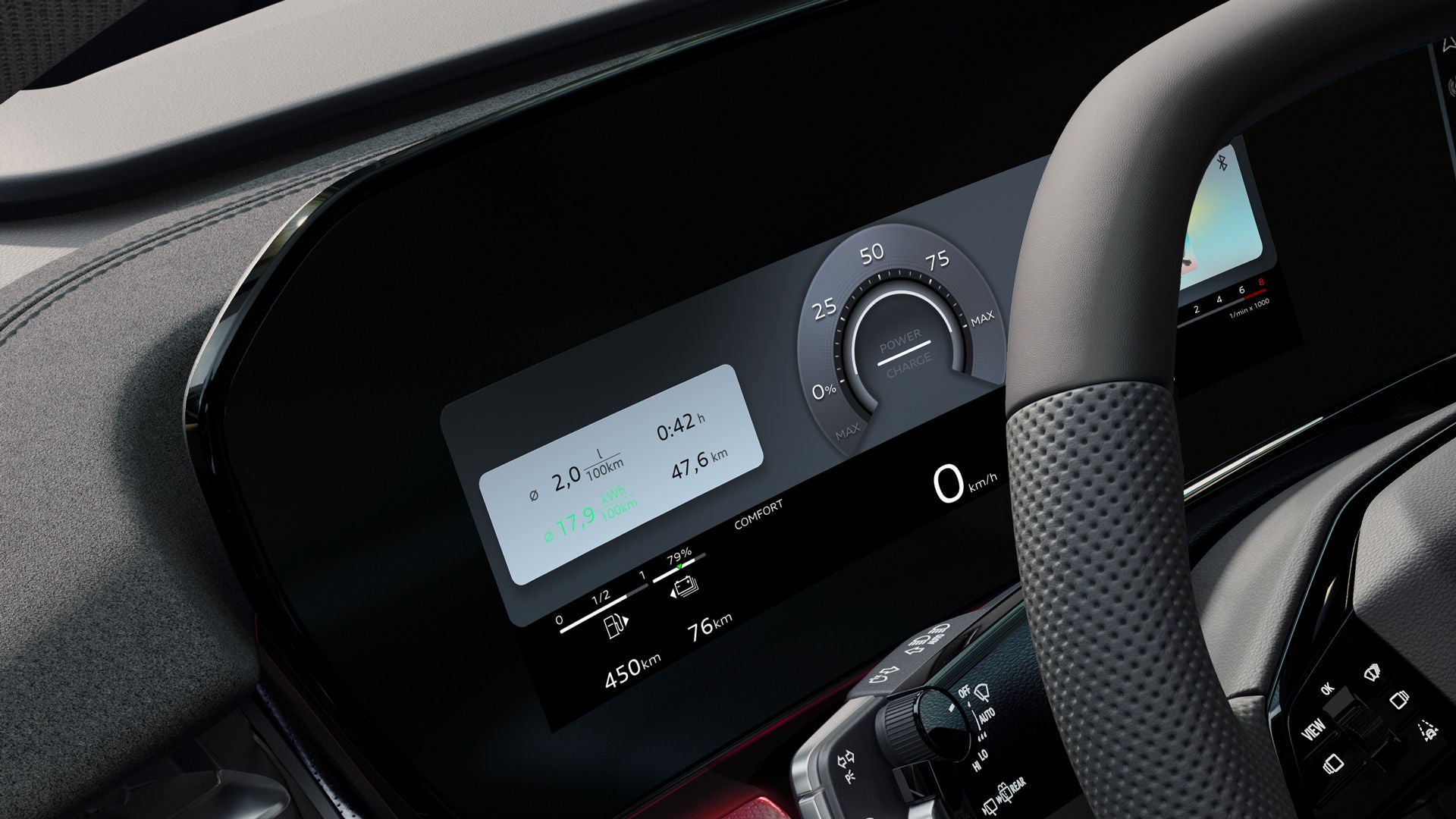 Blick auf das Lenkrad und die digitalen Displays des Audi virtual cockpit plus.