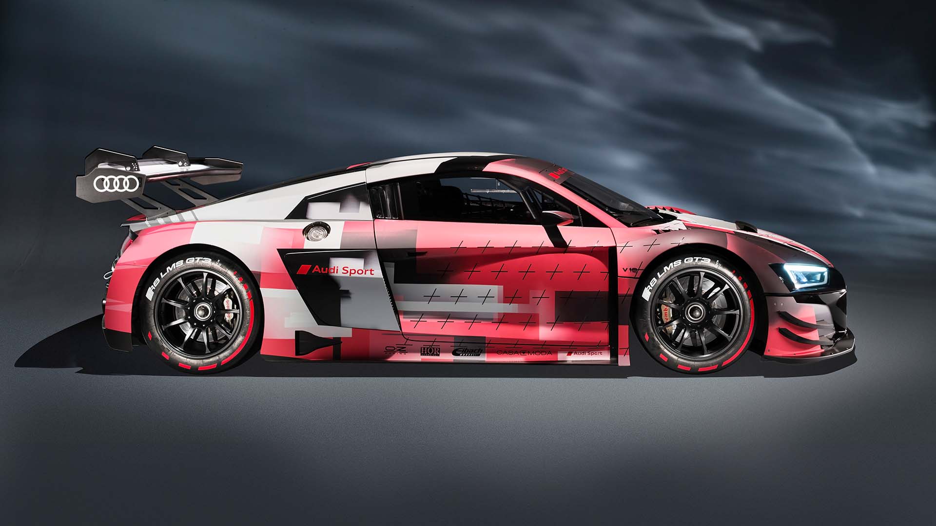 A picture showing the Audi R8 LMS GT3 race car on display.