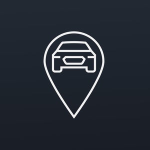 Location pin with a car icon on a black background.