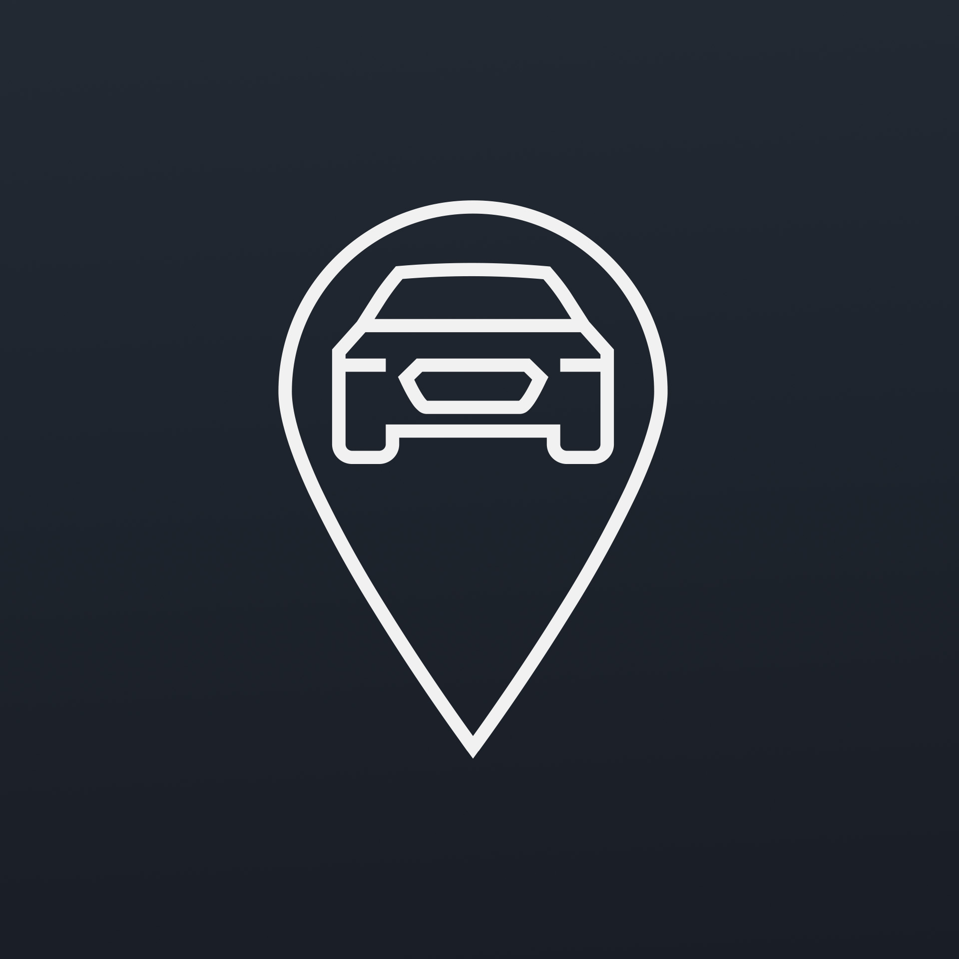 Location pin with a car icon on a black background.