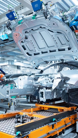 Body construction of an Audi model at the factory.