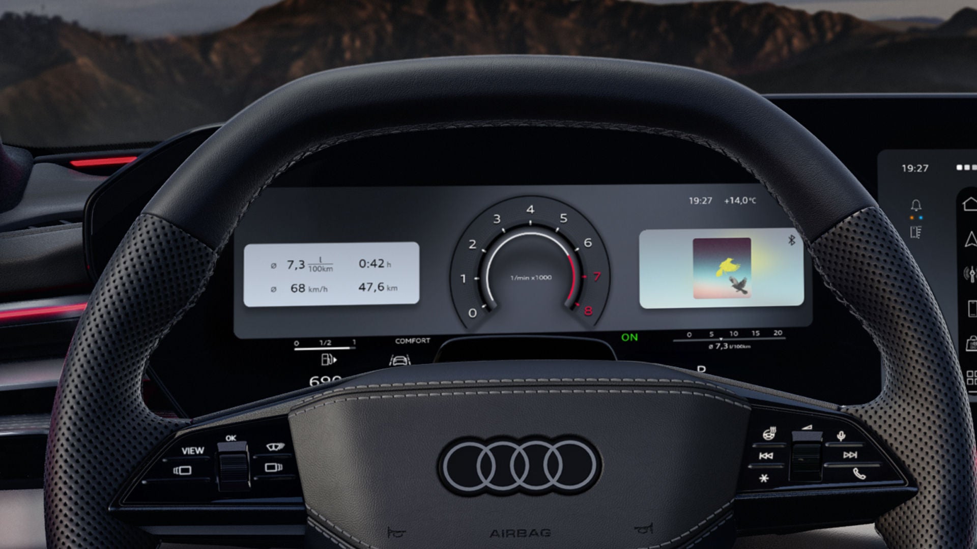 View of the steering wheel and driver display of the A6 Avant from the driver's perspective.