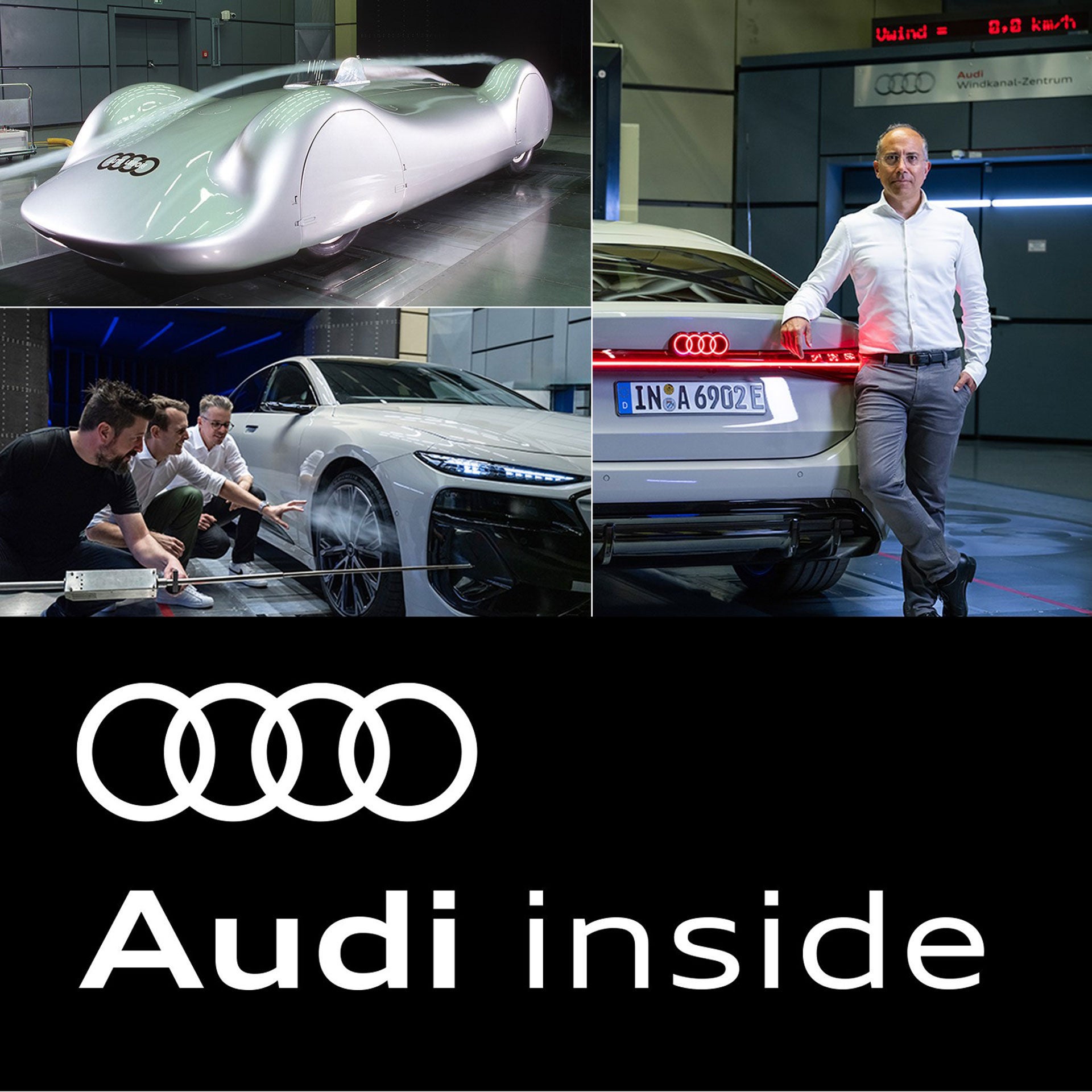 Titelmotiv Podcast Folge 5 mit einer Kollage eines Silberpfeiles und des A6 Sportback e-tron im WIndkanal