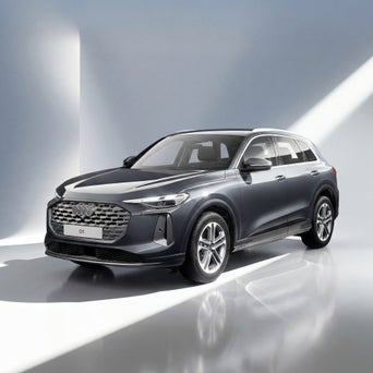 Ein schwarzer, moderner SUV steht in einem hellen Studio. Das Fahrzeug ist schräg von vorne zu sehen und gleichmäßig ausgeleuchtet.