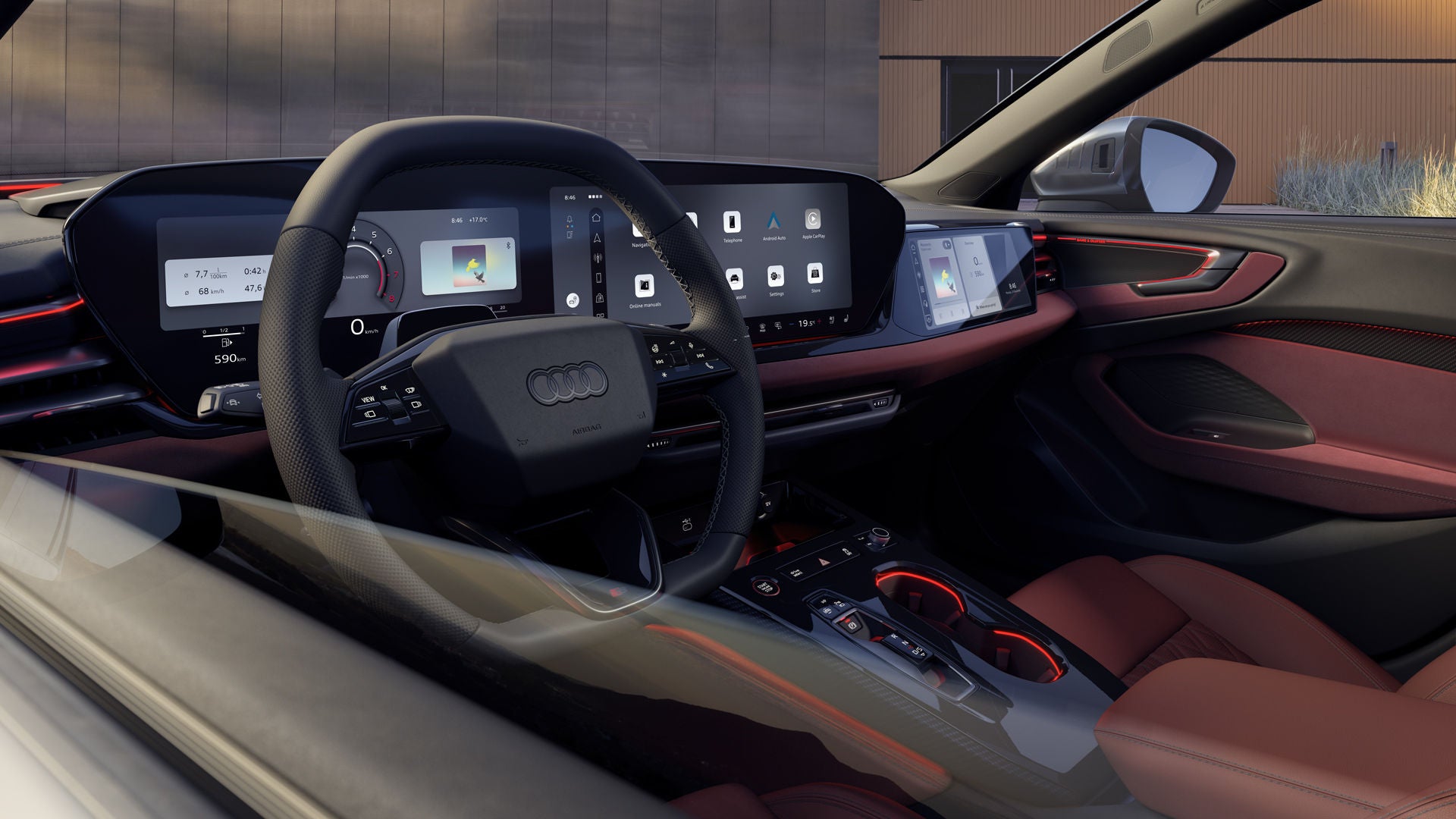 Interior and cockpit of the S5 Avant viewed from the driver's side window. The interior is illuminated by red ambient lighting.