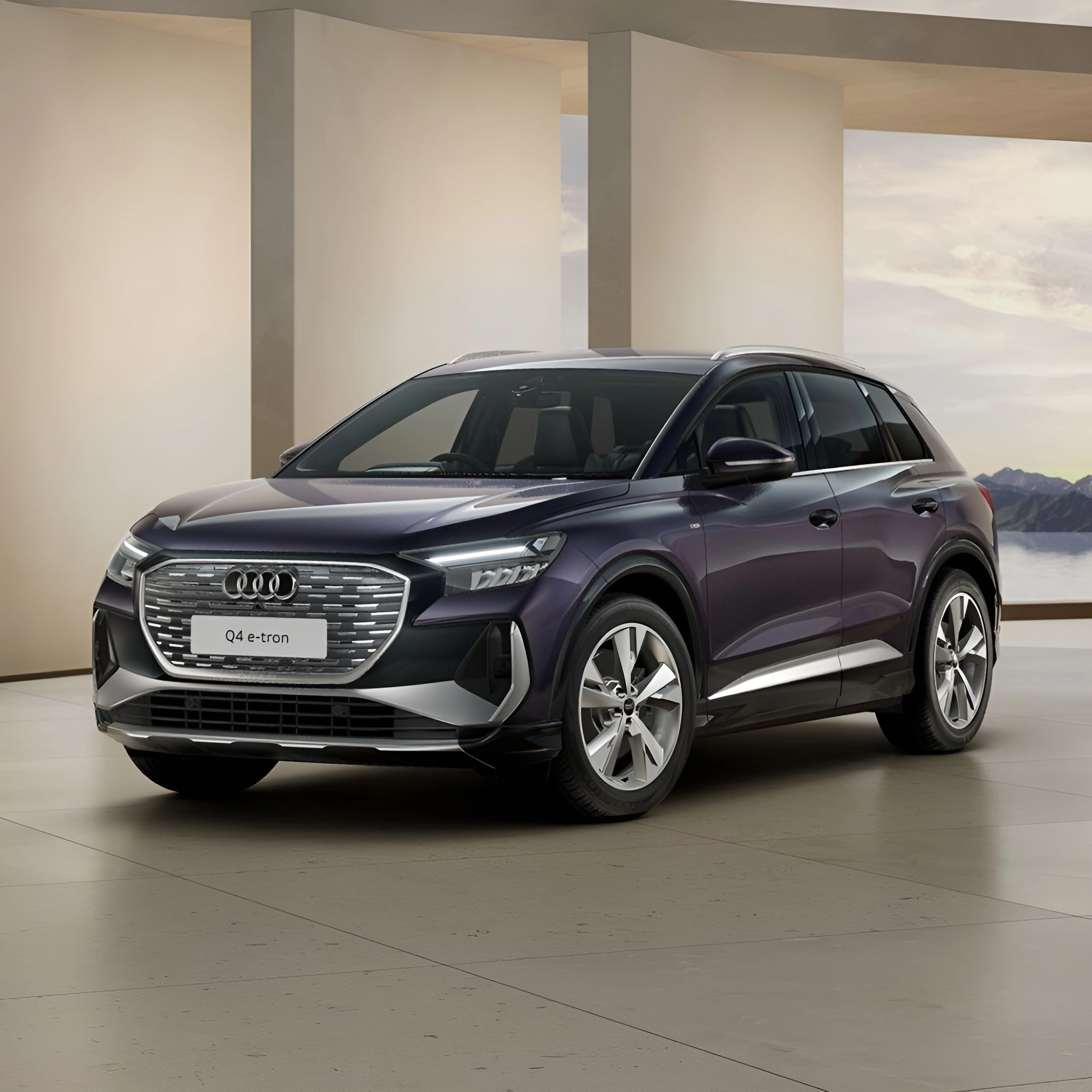 Audi Q4 e-tron, a purple SUV with S line trim, parked on a tiled floor, facing left, with a white plate on the front grill.