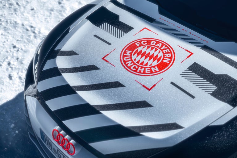 Top view of the rear of the Audi RS e-tron GT with special foiling