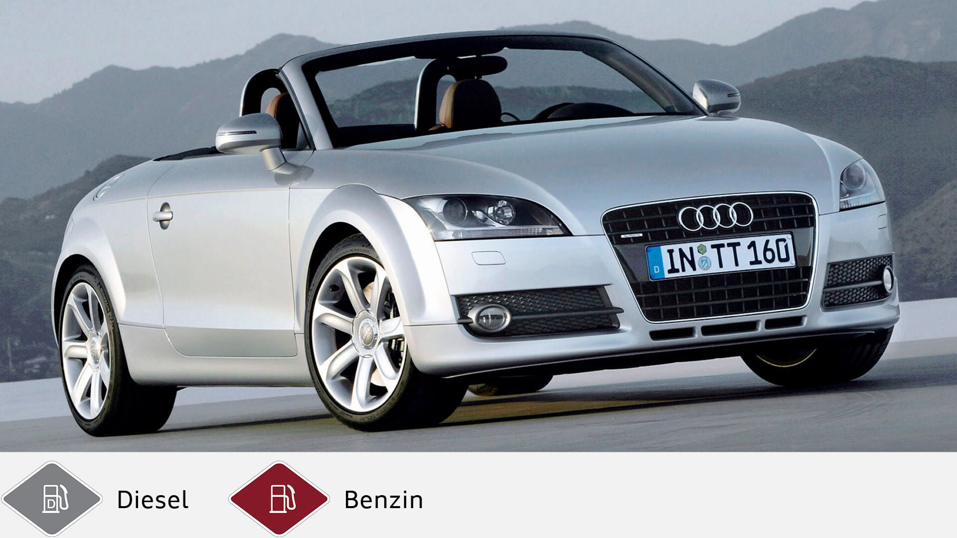 Silberner Audi TT Roadster mit offenem Verdeck vor Bergkulisse. Unten graues Dieselsymbol und rotes Benzinsymbol.