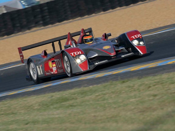 A picture showing the victorious Audi R10 TDI on track at Le Mans in 2007.