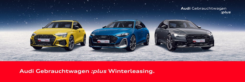 Drei Audi Modelle stehen nebeneinander bei Schnee auf einer schneebedeckten Fläche. Unten ist ein roter Streifen, auf dem steht: Audi Gebrauchtwagen :plus Winterleasing.