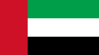 Flag of UAE with red vertical stripe, horizontal green, white and black stripes.