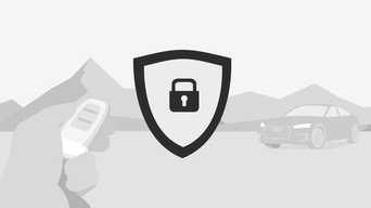 Schwarz-weiße Grafik eines Emblems mit einem Vorhängeschlosssymbol. Dahinter eine Hand mit einem elektronischen Fahrzeugschlüssel und ein Fahrzeug vor einer Bergkulisse.