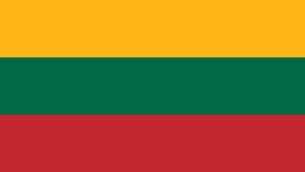 Flag of Lithuania with three horizontal stripes in yellow, green, and red.