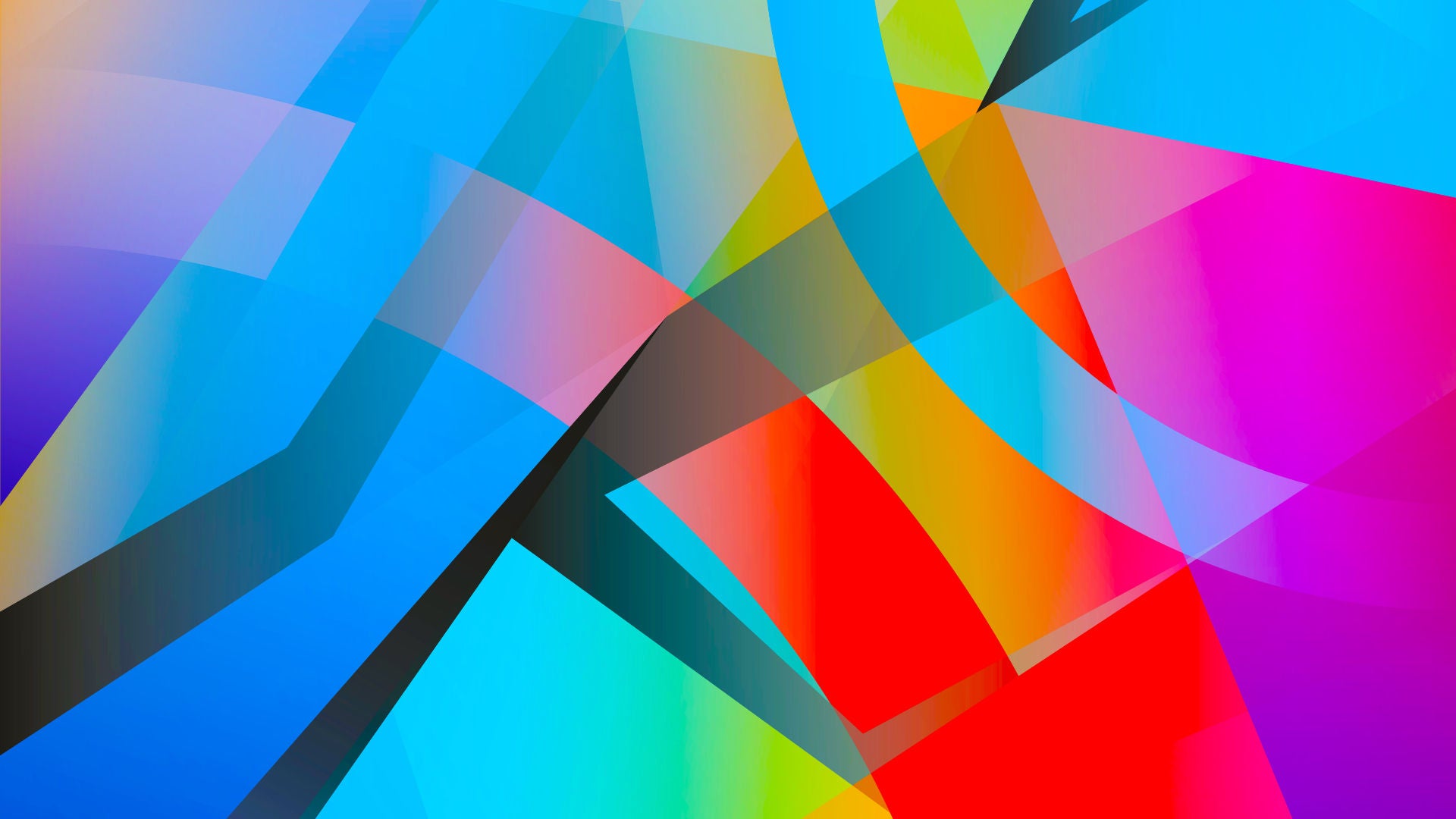 Abstrakte Grafik mit überlappenden, transparenten Flächen in kräftigen Farben wie Blau, Rot, Pink und Orange