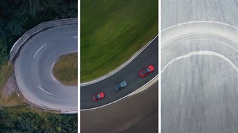 Drohnenaufnahme dreier Kurvenfahrten: Landstraße, Rennstrecke mit drei Audi Fahrzeugen und Schneekurve mit Driftspuren.