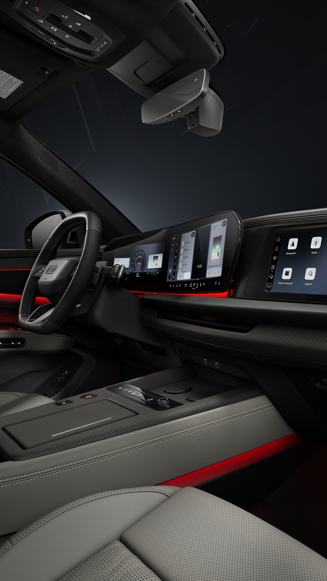 View from the passenger side into the cockpit of the Audi SQ9 SUV. In the foreground are the steering wheel and the panoramic displays featuring the Audi Virtual Cockpit and the MMI display.