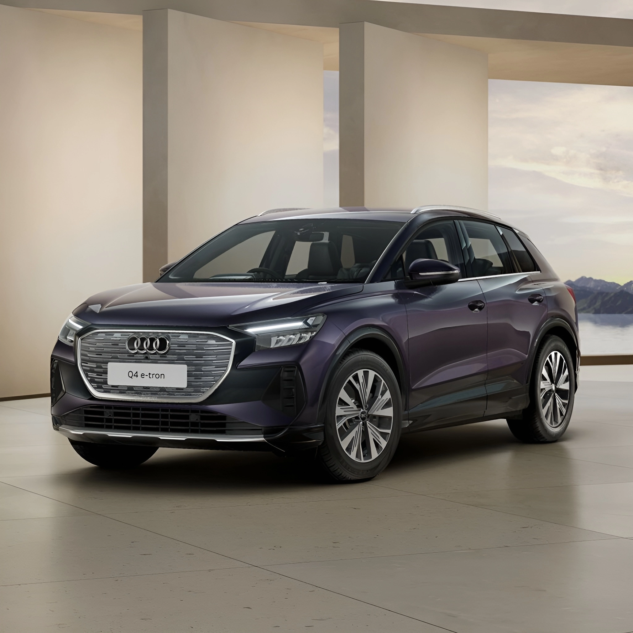 Audi Q4 e-tron, a purple SUV with Sport trim, parked on a tiled floor, facing left, with a white plate on the front grill.