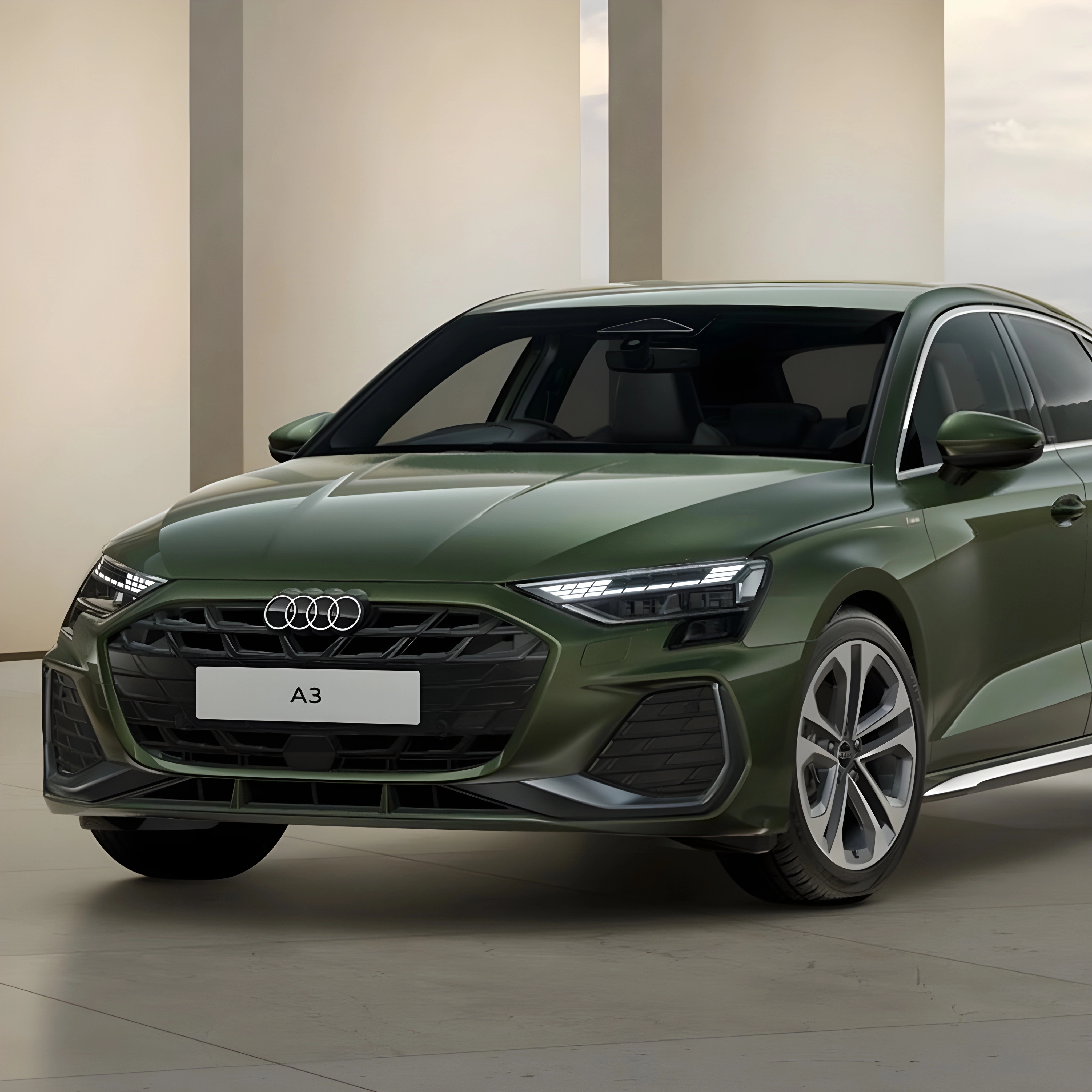 Green Audi A3 Sportback with S line trims.